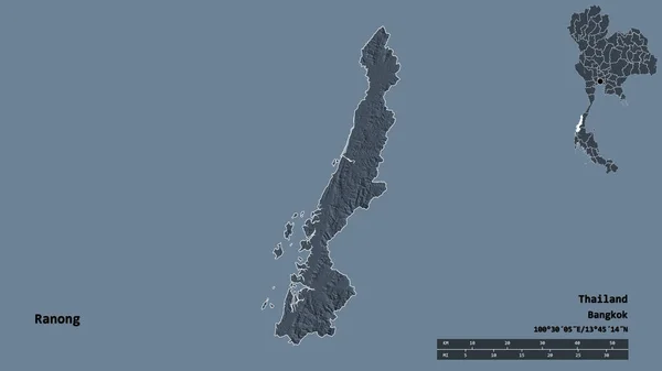 泰国拉农的形状 其首都在坚实的背景下与世隔绝 距离尺度 区域预览和标签 彩色高程图 3D渲染 — 图库照片