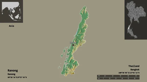 泰国拉农省的形状及其首府 距离刻度 预览和标签 地形浮雕图 3D渲染 — 图库照片