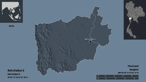 タイ国ラチャブリ県とその首都の形 距離スケール プレビューおよびラベル 色の標高マップ 3Dレンダリング — ストック写真
