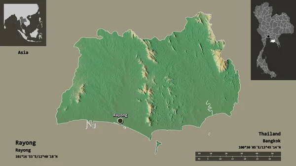 泰国瑞昂省的形状及其首府 距离刻度 预览和标签 地形浮雕图 3D渲染 — 图库照片