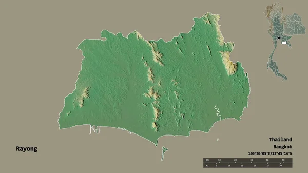泰国瑞昂省的形状 其首都在坚实的背景下与世隔绝 距离尺度 区域预览和标签 地形浮雕图 3D渲染 — 图库照片