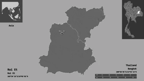 泰国Roi Et的形状及其首都 距离刻度 预览和标签 Bilevel高程图 3D渲染 — 图库照片