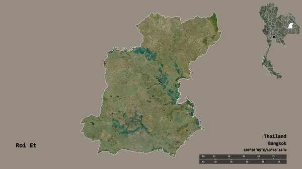 泰国罗伊特省的形状 其首都在坚实的背景下与世隔绝 距离尺度 区域预览和标签 卫星图像 3D渲染 — 图库照片