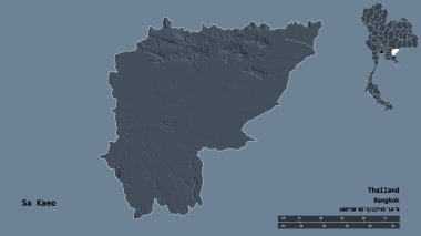 Tayland 'ın Sa Kaeo eyaleti, başkenti sağlam bir zemin ile izole edilmiştir. Uzaklık ölçeği, bölge önizlemesi ve etiketleri. Renkli yükseklik haritası. 3B görüntüleme