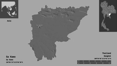 Tayland 'ın Sa Kaeo ili ve başkenti. Uzaklık ölçeği, ön gösterimler ve etiketler. Çift seviyeli yükseklik haritası. 3B görüntüleme