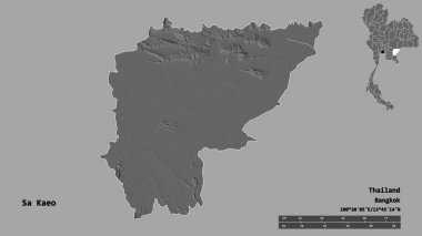 Tayland 'ın Sa Kaeo eyaleti, başkenti sağlam bir zemin ile izole edilmiştir. Uzaklık ölçeği, bölge önizlemesi ve etiketleri. Çift seviyeli yükseklik haritası. 3B görüntüleme