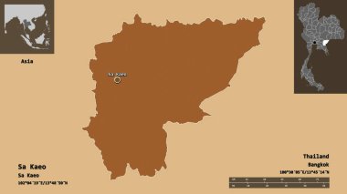 Tayland 'ın Sa Kaeo ili ve başkenti. Uzaklık ölçeği, ön gösterimler ve etiketler. Desenli dokuların bileşimi. 3B görüntüleme