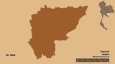 Tayland 'ın Sa Kaeo eyaleti, başkenti sağlam bir zemin ile izole edilmiştir. Uzaklık ölçeği, bölge önizlemesi ve etiketleri. Desenli dokuların bileşimi. 3B görüntüleme