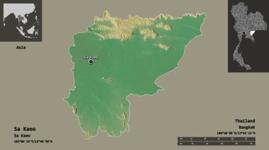Tayland 'ın Sa Kaeo ili ve başkenti. Uzaklık ölçeği, ön gösterimler ve etiketler. Topografik yardım haritası. 3B görüntüleme
