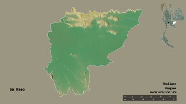 Tayland 'ın Sa Kaeo eyaleti, başkenti sağlam bir zemin ile izole edilmiştir. Uzaklık ölçeği, bölge önizlemesi ve etiketleri. Topografik yardım haritası. 3B görüntüleme