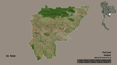 Tayland 'ın Sa Kaeo eyaleti, başkenti sağlam bir zemin ile izole edilmiştir. Uzaklık ölçeği, bölge önizlemesi ve etiketleri. Uydu görüntüleri. 3B görüntüleme