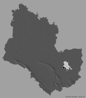 Tayland 'ın Sakon Nakhon eyaleti, başkenti katı renk arkaplanı ile izole edilmiştir. Çift seviyeli yükseklik haritası. 3B görüntüleme