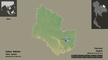 Tayland 'ın Sakon Nakhon bölgesi ve başkenti. Uzaklık ölçeği, ön gösterimler ve etiketler. Topografik yardım haritası. 3B görüntüleme