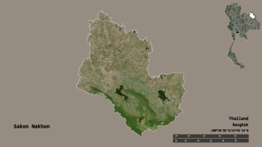 Tayland 'ın Sakon Nakhon eyaleti, başkenti sağlam bir zemin ile izole edilmiştir. Uzaklık ölçeği, bölge önizlemesi ve etiketleri. Uydu görüntüleri. 3B görüntüleme