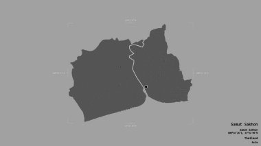 Samut Sakhon bölgesi, Tayland vilayeti, jeoreferatlı bir sınır kutusunda sağlam bir arka planda izole edilmiş. Etiketler. Çift seviyeli yükseklik haritası. 3B görüntüleme