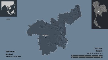 Saraburi 'nin şekli, Tayland ili ve başkenti. Uzaklık ölçeği, ön gösterimler ve etiketler. Renkli yükseklik haritası. 3B görüntüleme