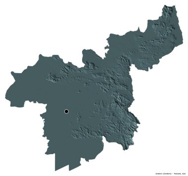 Tayland 'ın Saraburi eyaleti, başkenti beyaz arka planda izole edilmiştir. Renkli yükseklik haritası. 3B görüntüleme