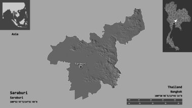 Saraburi 'nin şekli, Tayland ili ve başkenti. Uzaklık ölçeği, ön gösterimler ve etiketler. Çift seviyeli yükseklik haritası. 3B görüntüleme