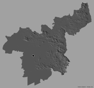 Tayland 'ın Saraburi eyaleti, başkenti katı renk arkaplanı ile izole edilmiştir. Çift seviyeli yükseklik haritası. 3B görüntüleme