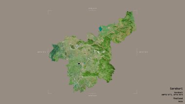 Tayland 'ın Saraburi bölgesinde katı bir arka planda izole edilmiş bir sınır kutusu var. Etiketler. Uydu görüntüleri. 3B görüntüleme