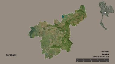 Tayland 'ın Saraburi eyaleti, başkenti sağlam bir zemin üzerinde izole edilmiştir. Uzaklık ölçeği, bölge önizlemesi ve etiketleri. Uydu görüntüleri. 3B görüntüleme