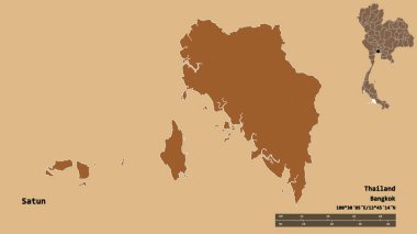 Tayland 'ın Satun eyaleti, başkenti katı bir zemin üzerinde izole edilmiştir. Uzaklık ölçeği, bölge önizlemesi ve etiketleri. Desenli dokuların bileşimi. 3B görüntüleme