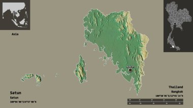 Satun 'un şekli, Tayland eyaleti ve başkenti. Uzaklık ölçeği, ön gösterimler ve etiketler. Topografik yardım haritası. 3B görüntüleme