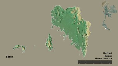 Tayland 'ın Satun eyaleti, başkenti katı bir zemin üzerinde izole edilmiştir. Uzaklık ölçeği, bölge önizlemesi ve etiketleri. Topografik yardım haritası. 3B görüntüleme