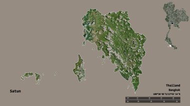 Tayland 'ın Satun eyaleti, başkenti katı bir zemin üzerinde izole edilmiştir. Uzaklık ölçeği, bölge önizlemesi ve etiketleri. Uydu görüntüleri. 3B görüntüleme