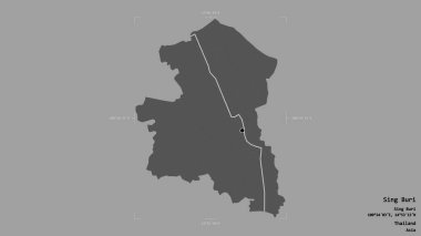 Tayland 'ın Sing Buri bölgesinde katı bir arka planda izole edilmiş bir sınır kutusu var. Etiketler. Çift seviyeli yükseklik haritası. 3B görüntüleme
