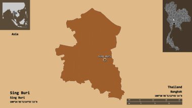 Sing Buri 'nin şekli, Tayland vilayeti ve başkenti. Uzaklık ölçeği, ön gösterimler ve etiketler. Desenli dokuların bileşimi. 3B görüntüleme