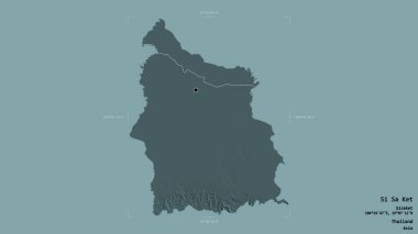 Si Sa Ket bölgesi, Tayland eyaleti, katı bir arka planda izole edilmiş bir sınır kutusunda. Etiketler. Renkli yükseklik haritası. 3B görüntüleme