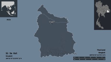Si Sa Ket 'in şekli, Tayland eyaleti ve başkenti. Uzaklık ölçeği, ön gösterimler ve etiketler. Renkli yükseklik haritası. 3B görüntüleme