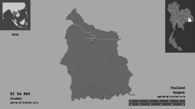Si Sa Ket 'in şekli, Tayland eyaleti ve başkenti. Uzaklık ölçeği, ön gösterimler ve etiketler. Çift seviyeli yükseklik haritası. 3B görüntüleme