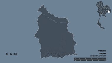 Tayland 'ın başkenti Si Sa Ket' in katı arka planda izole edilmiş hali. Uzaklık ölçeği, bölge önizlemesi ve etiketleri. Renkli yükseklik haritası. 3B görüntüleme