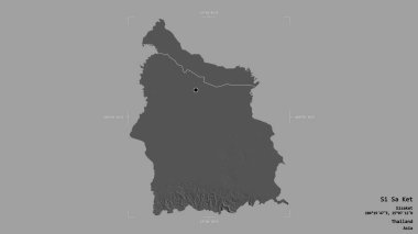 Si Sa Ket bölgesi, Tayland eyaleti, katı bir arka planda izole edilmiş bir sınır kutusunda. Etiketler. Çift seviyeli yükseklik haritası. 3B görüntüleme