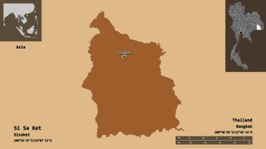 Si Sa Ket 'in şekli, Tayland eyaleti ve başkenti. Uzaklık ölçeği, ön gösterimler ve etiketler. Desenli dokuların bileşimi. 3B görüntüleme