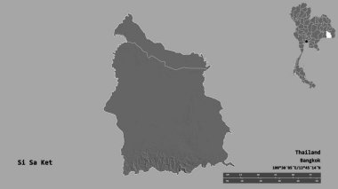 Tayland 'ın başkenti Si Sa Ket' in katı arka planda izole edilmiş hali. Uzaklık ölçeği, bölge önizlemesi ve etiketleri. Çift seviyeli yükseklik haritası. 3B görüntüleme