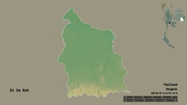 Tayland 'ın başkenti Si Sa Ket' in katı arka planda izole edilmiş hali. Uzaklık ölçeği, bölge önizlemesi ve etiketleri. Topografik yardım haritası. 3B görüntüleme