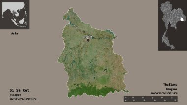 Si Sa Ket 'in şekli, Tayland eyaleti ve başkenti. Uzaklık ölçeği, ön gösterimler ve etiketler. Uydu görüntüleri. 3B görüntüleme
