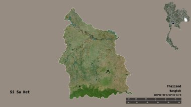 Tayland 'ın başkenti Si Sa Ket' in katı arka planda izole edilmiş hali. Uzaklık ölçeği, bölge önizlemesi ve etiketleri. Uydu görüntüleri. 3B görüntüleme