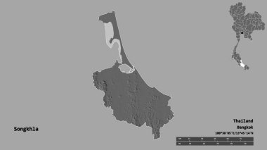 Tayland 'ın Songkhla eyaleti, başkenti sağlam bir zemin ile izole edilmiştir. Uzaklık ölçeği, bölge önizlemesi ve etiketleri. Çift seviyeli yükseklik haritası. 3B görüntüleme