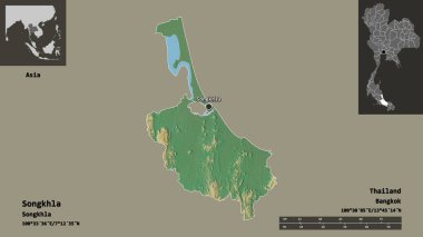 Songkhla 'nın şekli, Tayland eyaleti ve başkenti. Uzaklık ölçeği, ön gösterimler ve etiketler. Topografik yardım haritası. 3B görüntüleme