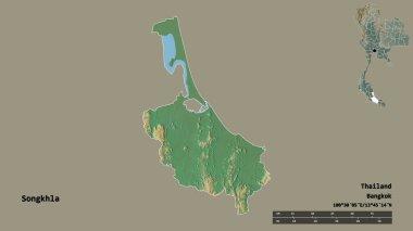 Tayland 'ın Songkhla eyaleti, başkenti sağlam bir zemin ile izole edilmiştir. Uzaklık ölçeği, bölge önizlemesi ve etiketleri. Topografik yardım haritası. 3B görüntüleme