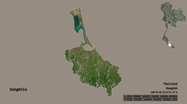 Tayland 'ın Songkhla eyaleti, başkenti sağlam bir zemin ile izole edilmiştir. Uzaklık ölçeği, bölge önizlemesi ve etiketleri. Uydu görüntüleri. 3B görüntüleme
