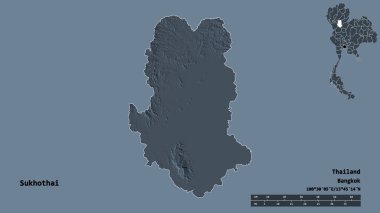 Tayland 'ın Sukhothai eyaleti, başkenti sağlam bir zemin üzerinde izole edilmiştir. Uzaklık ölçeği, bölge önizlemesi ve etiketleri. Renkli yükseklik haritası. 3B görüntüleme