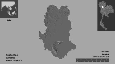 Sukhothai 'nin şekli, Tayland eyaleti ve başkenti. Uzaklık ölçeği, ön gösterimler ve etiketler. Çift seviyeli yükseklik haritası. 3B görüntüleme