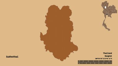 Tayland 'ın Sukhothai eyaleti, başkenti sağlam bir zemin üzerinde izole edilmiştir. Uzaklık ölçeği, bölge önizlemesi ve etiketleri. Desenli dokuların bileşimi. 3B görüntüleme