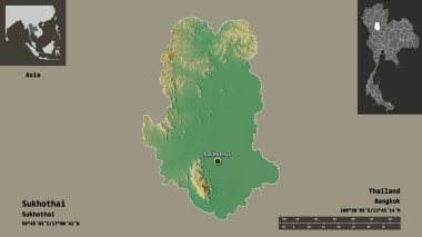 Sukhothai 'nin şekli, Tayland eyaleti ve başkenti. Uzaklık ölçeği, ön gösterimler ve etiketler. Topografik yardım haritası. 3B görüntüleme