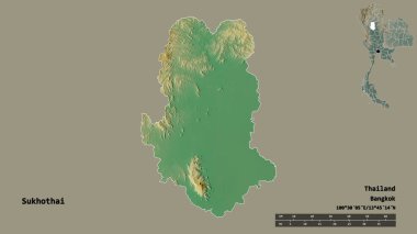 Tayland 'ın Sukhothai eyaleti, başkenti sağlam bir zemin üzerinde izole edilmiştir. Uzaklık ölçeği, bölge önizlemesi ve etiketleri. Topografik yardım haritası. 3B görüntüleme